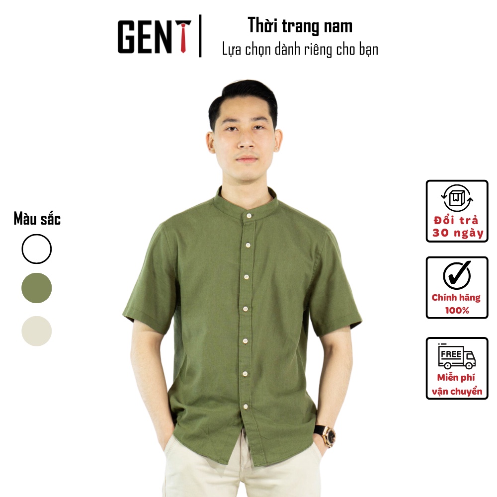 Áo sơ mi ngắn tay đũi Nam, áo sơ mi cổ tàu cao cấp GENT dáng ôm body hàn quốc, chất vải đũi mềm mại thoáng mát
