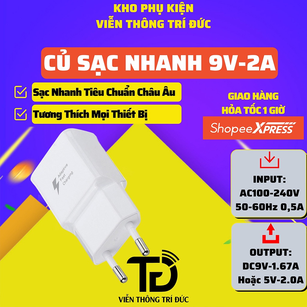 Bộ Sạc Nhanh 9V-2A Cáp Dài 1M Cổng Lightning / Micro / Type-C - Giá Siêu Rẻ -Tương thích mọi điện thoại và máy tính bảng