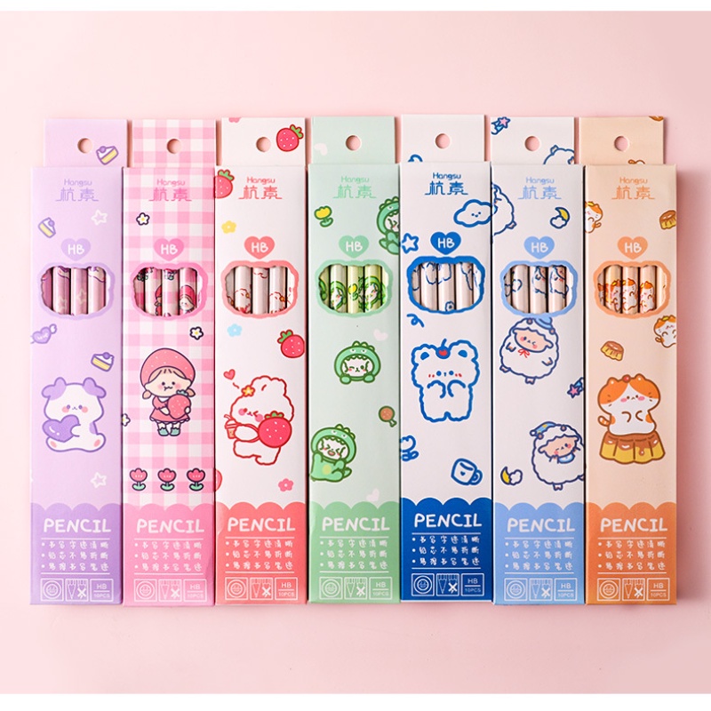 Hộp 10 bút chì HB RUIXIANG họa tiết hoạt hình dễ thương kèm cục tẩy cao su tiện dụng cho học sinh
