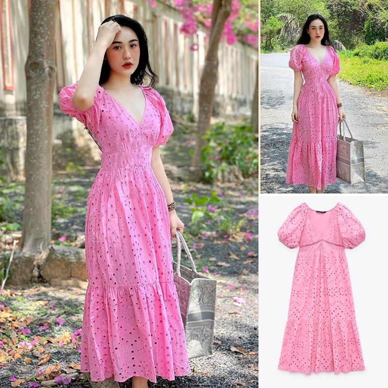 ĐẦM REN DÀI CỔ V HÀNG XUẤT XỊN ZARA