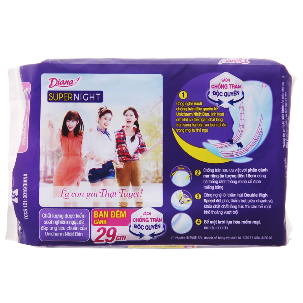 Băng Vệ Sinh Diana Super Night Ban Đêm Có Cánh 29cm Gói 4 Miếng