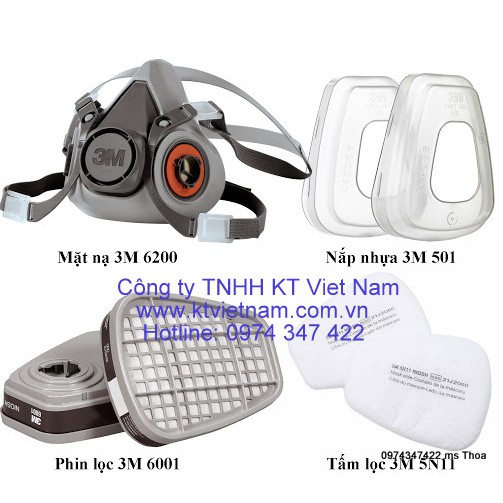 Bộ mặt nạ 3M 6200  full đủ 7 chi tiết gồm 1 mặt nạ, 2 phin lọc, 2 nắp giữ, 2 tấm lọc bụi