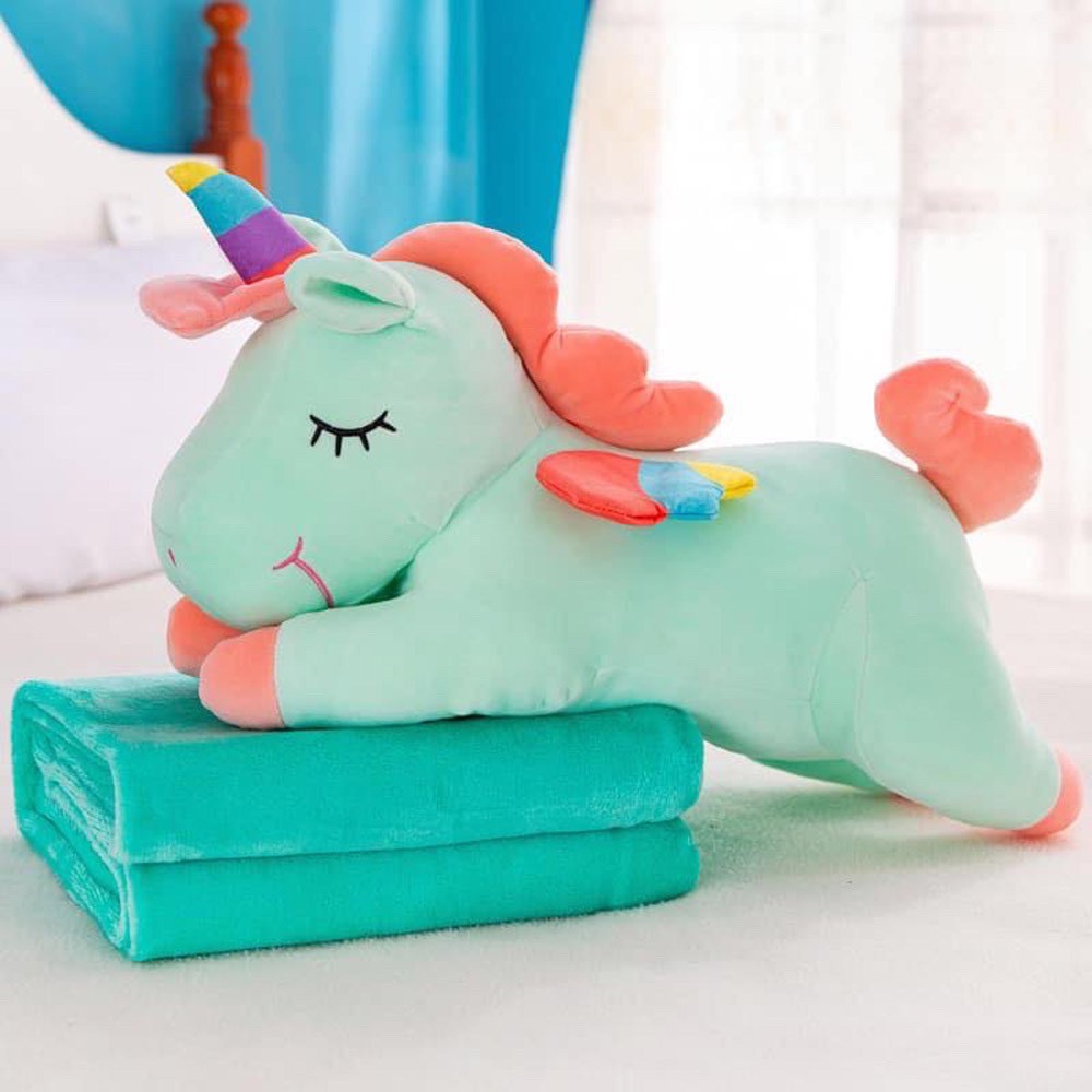 Gấu Bông Có Mền 3in1 Hình Ngựa Pony Xanh Ngọc