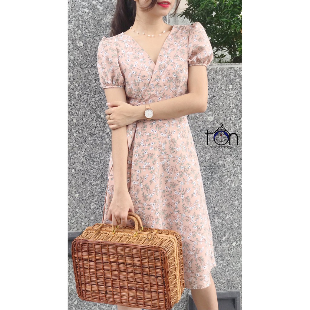 Đầm nữ Ton.Clothing đầm vintage đắp vạt chéo vải mịn mát họa tiết đẹp thiết kế tay ngắn dễ thương xinh xắn DRI007