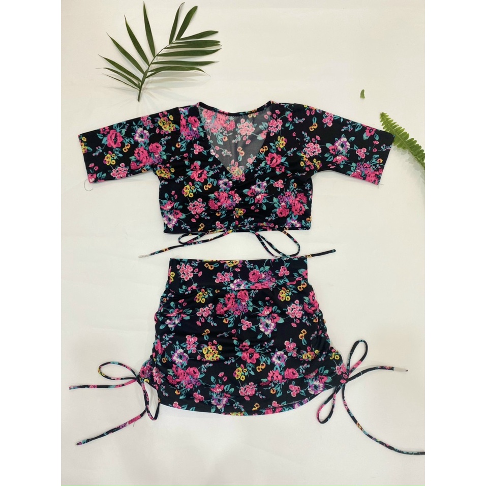 Bikini Đi Biển Tay Ngắn Dây Rút Phối Sọc, Đồ Bơi 2 Mảnh Tay Ngắn Kèm Váy Rút Hông [Ảnh Chụp Thật] - OS084