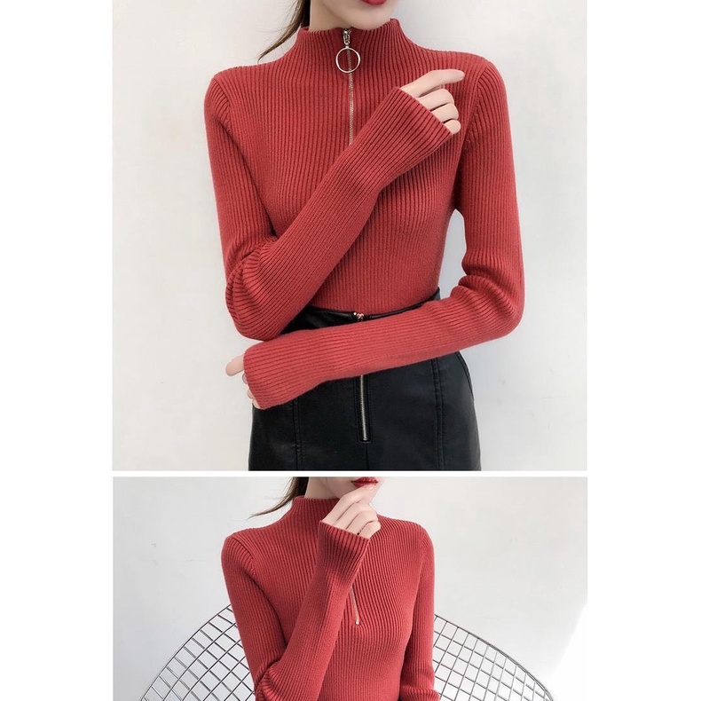 Áo Sweater dệt kim màu trơn phối khóa kéo phong cách Hàn Quốc cho nữ
