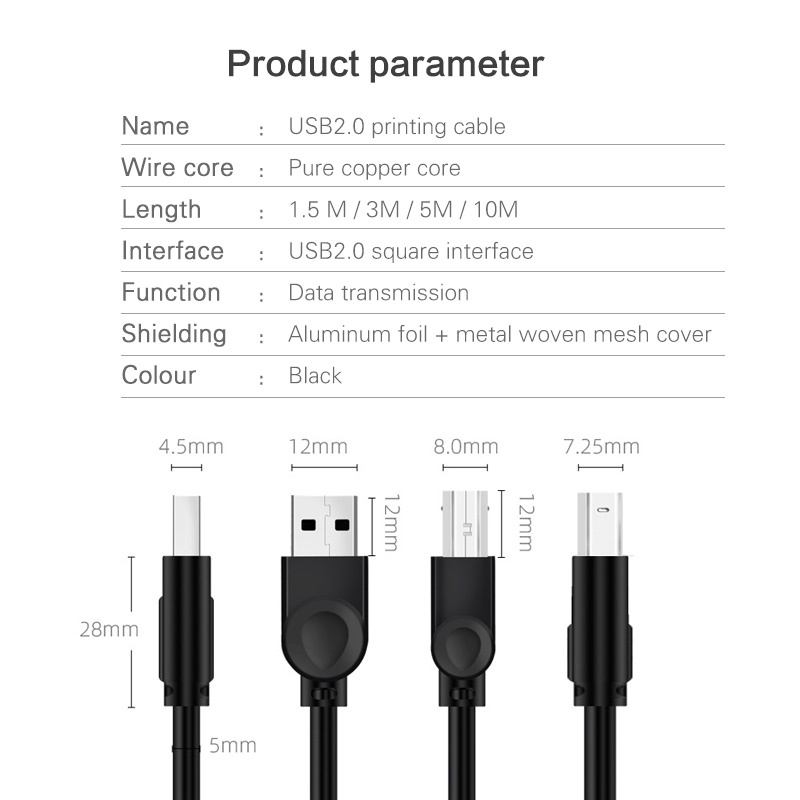 Dây cáp máy in máy quét USB chuyển đổi USB 2.0 Type A đầu cắm sang Type B lỗ cắm tốc độ cao cho Brother HP Canon Lexmar