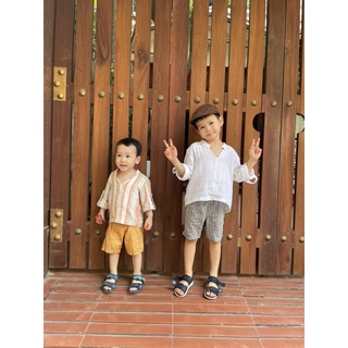 Áo sơ mi bé trai cổ trụ Linen lụa