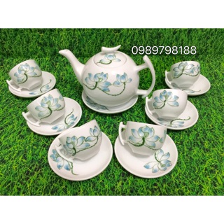 Bộ ấm chén sen xanh gốm sứ Bát Tràng cao cấp 