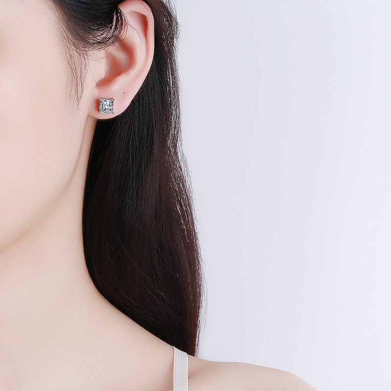 Bông Tai Bạc s925 Dáng Vuông Đính Kim Cương Trắng Thanh Lịch Đơn Giản