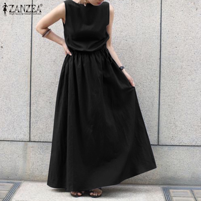 Đầm dài Zanzea dáng chữ A không tay cổ tròn thời trang Hàn Quốc dành cho nữ