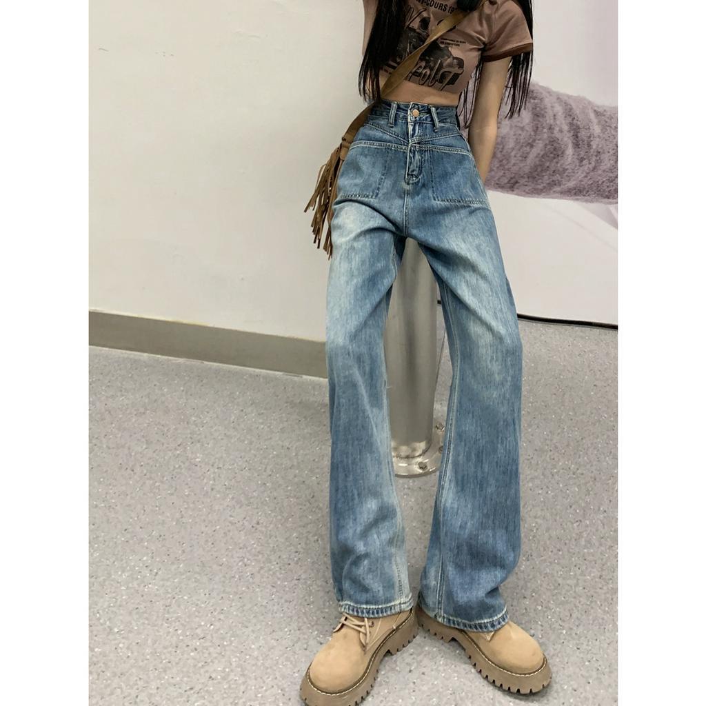 SELVZE Quần jeans Nữ Lưng Cao Ống Rộng Thời Trang Cá Tính