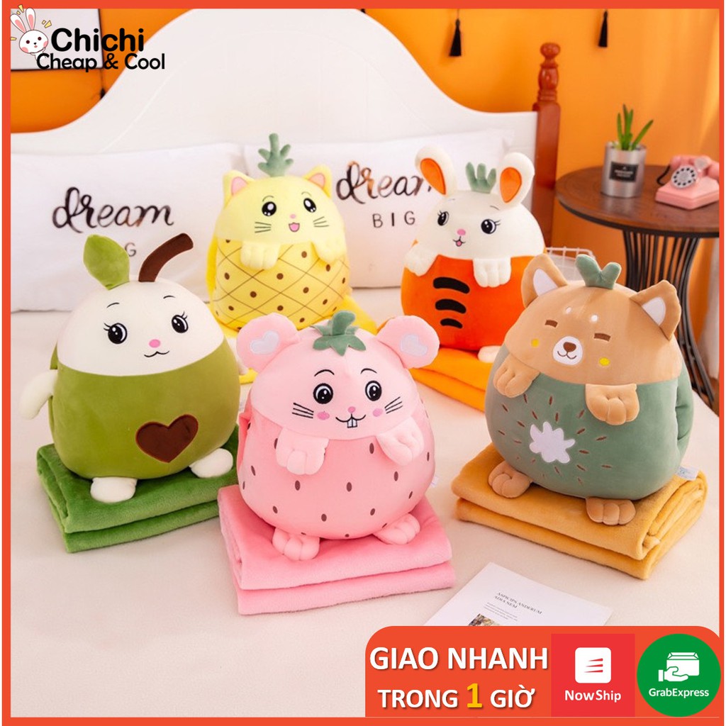 Chăn Gối Văn Phòng 3 Trong 1 Hình Thú Trái Cây Biểu Cảm Dễ Thương GM016 Chichi,Gấu Ngủ Kèm Mền siêu cute phù hợp mọi lứa