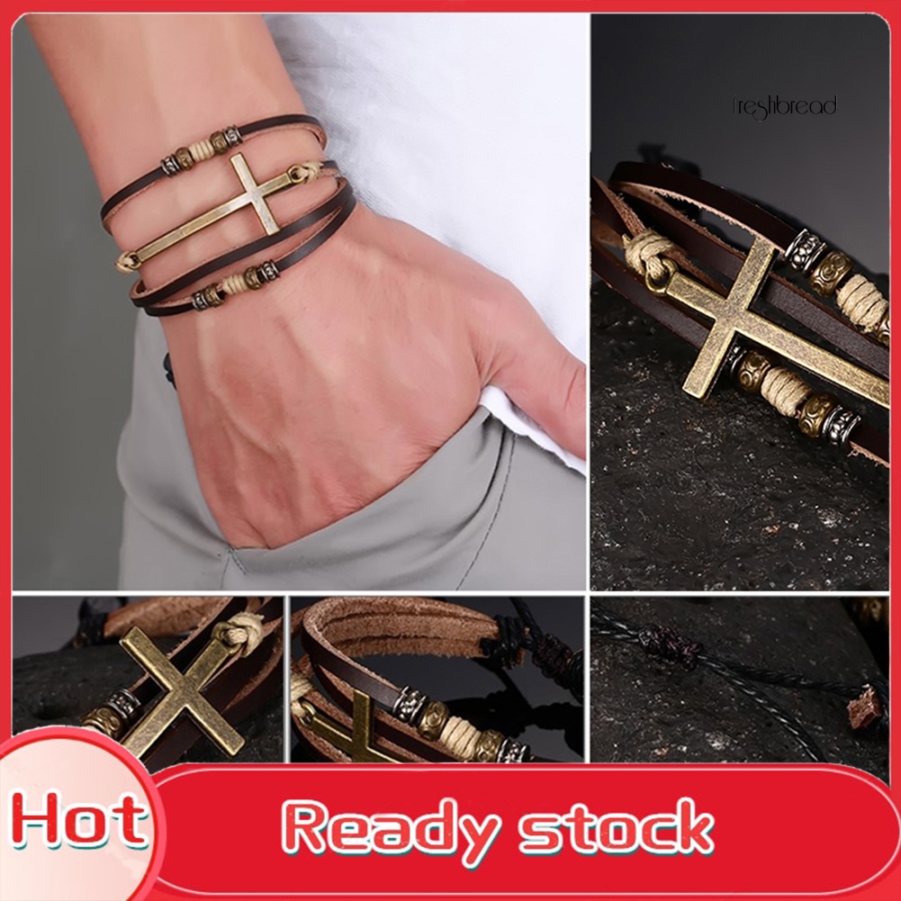 Vòng Tay Giả Da Phối Mặt Thánh Giá Phong Cách Cổ Điển Cho Nam Và Nữ