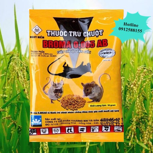 Thuốc diệt chuột Broma 0,005 AB (gói 50g), thuốc diệt chuột trộn sẵn thế hệ mới