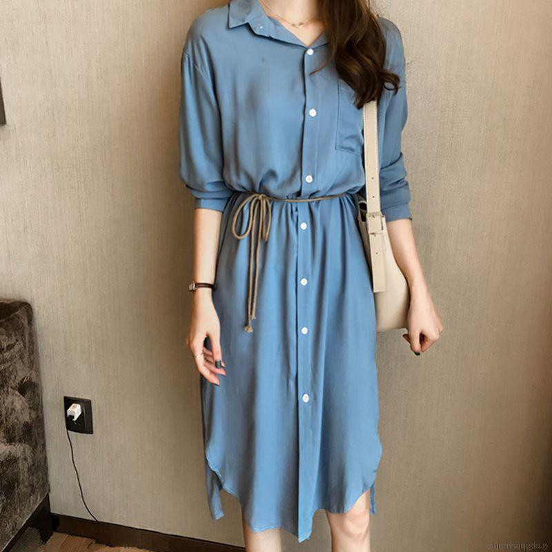 Đầm sơ mi cổ bẻ dài tay dáng rộng màu trơn thời trang cho nữ