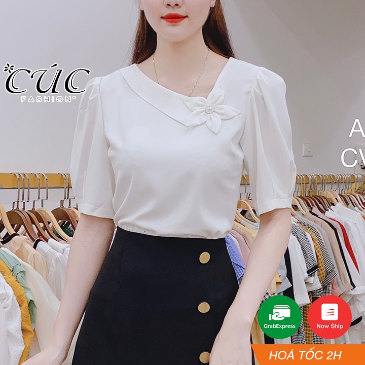 Áo sơ mi nữ tay lỡ cao cấp công sở Cúc Fashion A411 somi lụa hoa tay bồng