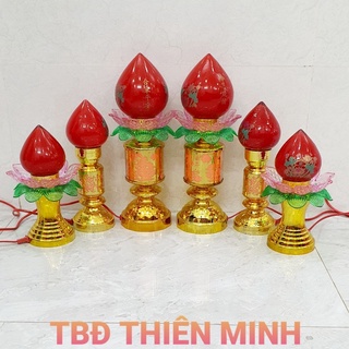 Một Cặp Đèn Thờ Trái Đào Sen Thủy Tinh Để Bàn Thờ Phật, Gia Tiên, Ông Bà,Đào Tia Sáng Số 6,7,8,9