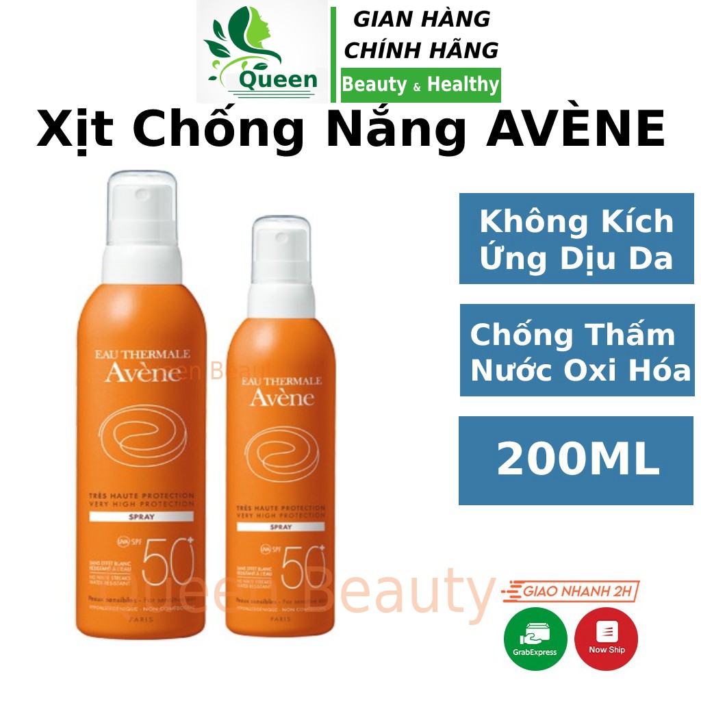 Xịt chống nắng AVÈNE Spray SPF 50 Body toàn thân 200ml cho da dầu nhạy cảm hỗn hợp chống nước không trôi Queen Beauty