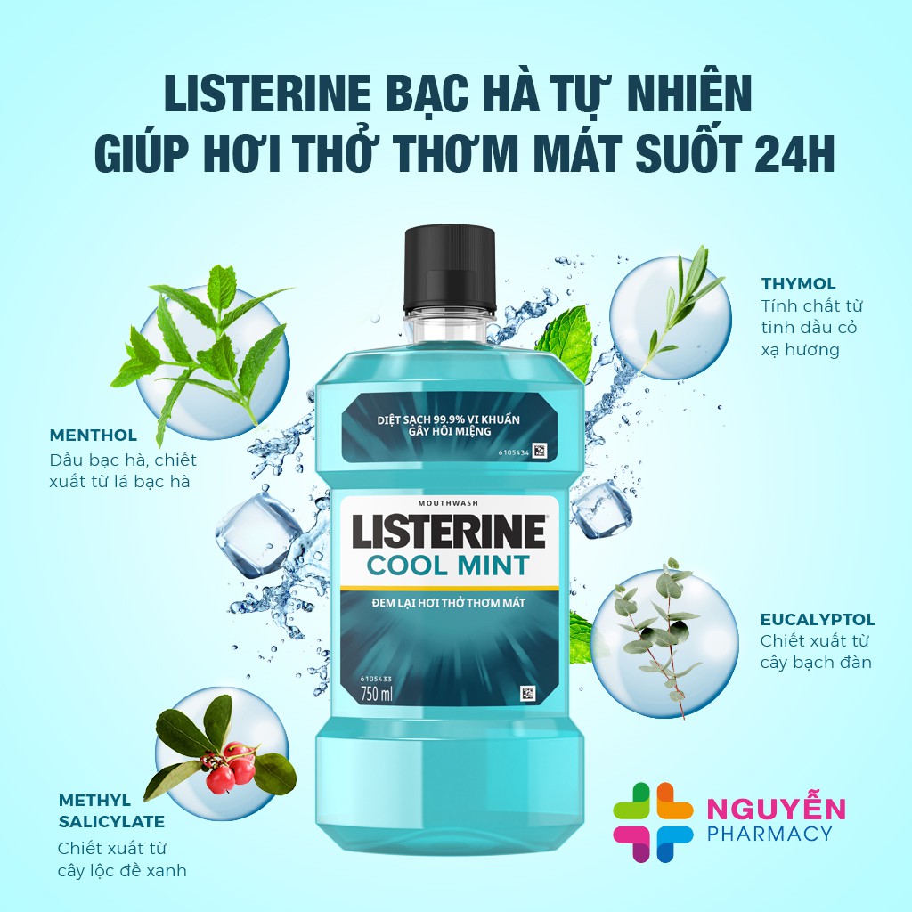 Nước súc miệng Listerine Cool Mint - Diệt khuẩn, hết mùi hôi, sạch mảng bám, hương bạc hà mát lạnh