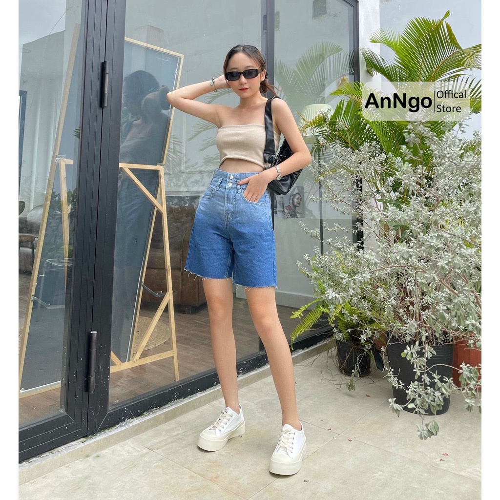 Quần jean ngố nữ ống rộng lai tua vải jean denim không co giãn bền đẹp, dễ phối đồ ANNGO - AT220