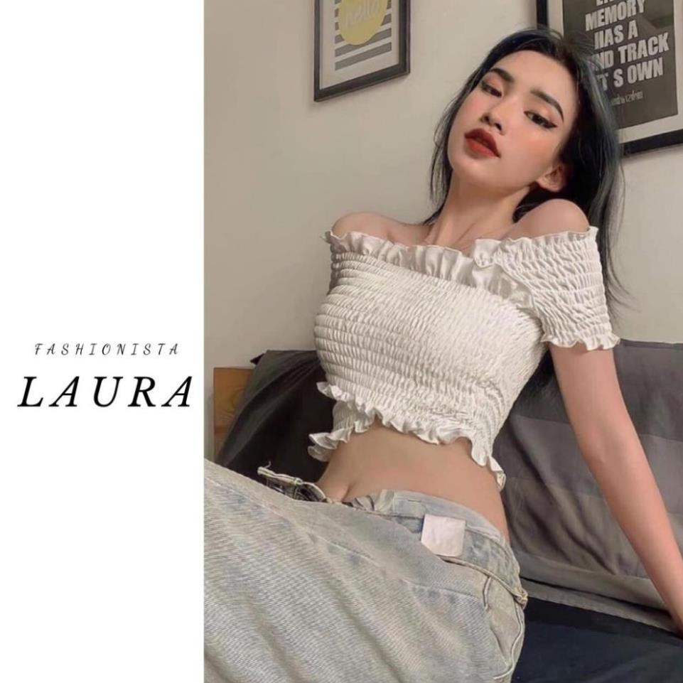 Áo trễ vai tiểu thư bánh bèo Laura Boutique - Áo trễ vai viền bèo vải nhún kiểu dáng croptop co dãn 4 chiều  ྇  ྇