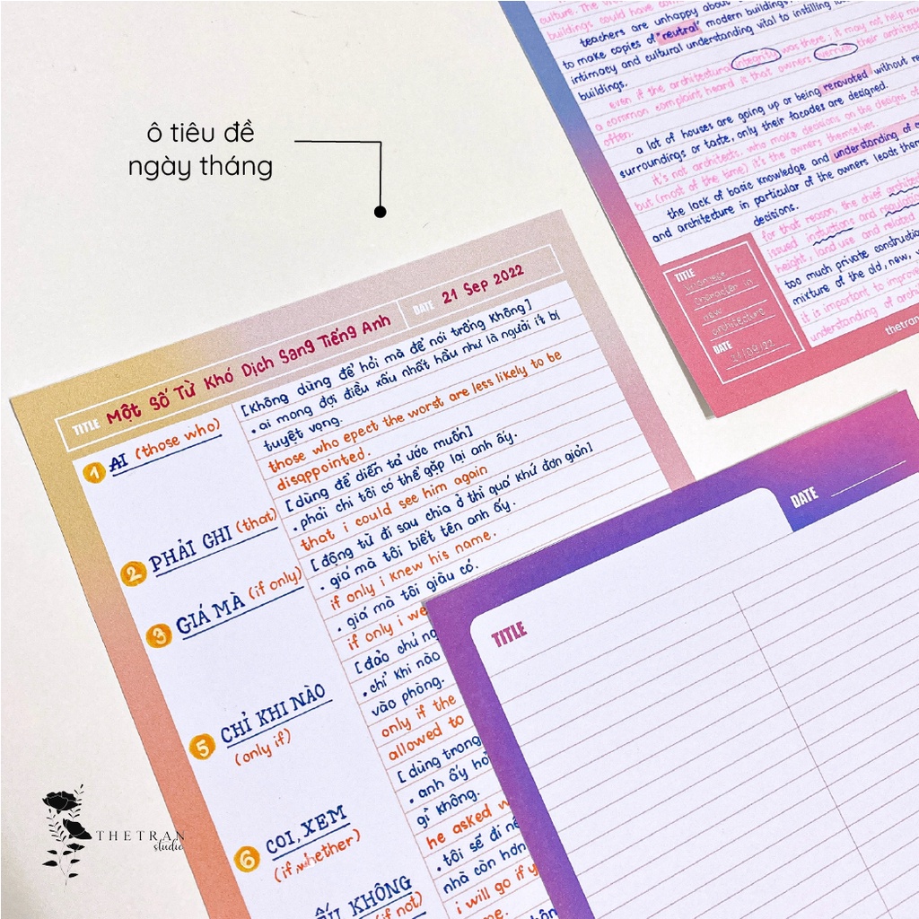 Bộ 10 tờ giấy ghi chép kẻ ngang A4, B5, A5, A6 cornell gradient / dream notepad / thetranstudio