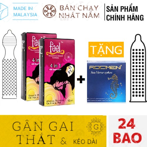 Bao cao su Feel 4 in 1 [Combo 2 Hộp 24 chiếc][CHÍNH HÃNG 100%], BCS Gai gân kéo dài hương dâu, tặng 1 Hộp Rocmen xanh 3c