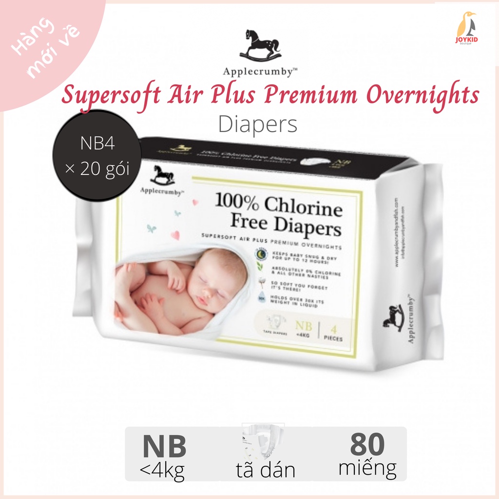 Tã/bỉm dán đêm Applecrumby Supersoft Air Plus Premium Overnights Tape Diapers sơ sinh NB4