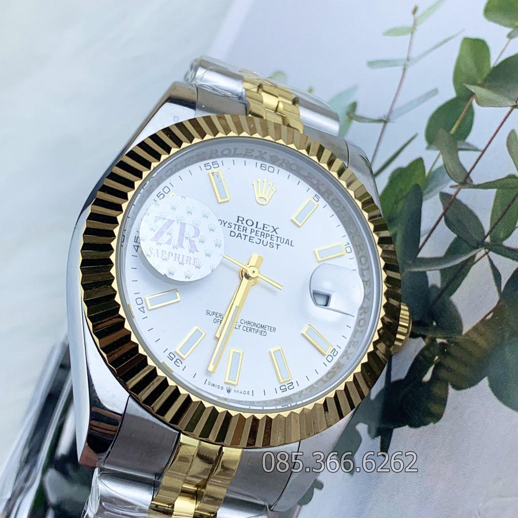 Đồng hồ nam Rolex cơ Automatic máy nhật mẫu classic trắng viền vàng dây demi cọc số dạ quang size 39-40mm