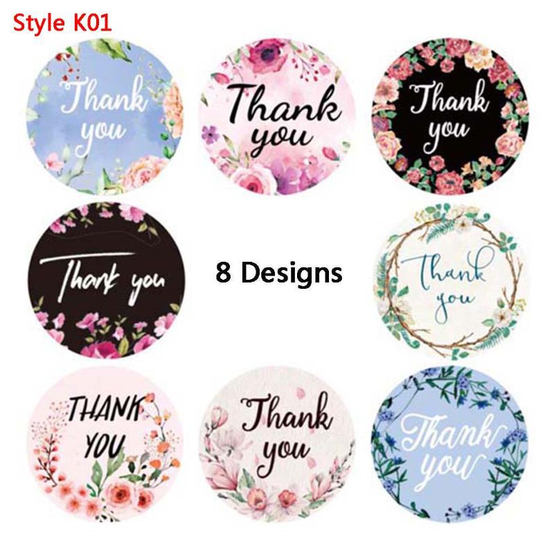 Cuộn 500 miếng dán in chữ Thank You và họa tiết hoa 4 hoặc 8 kiểu thiết kế tùy chọn trang trí túi quà Giáng Sinh DIY