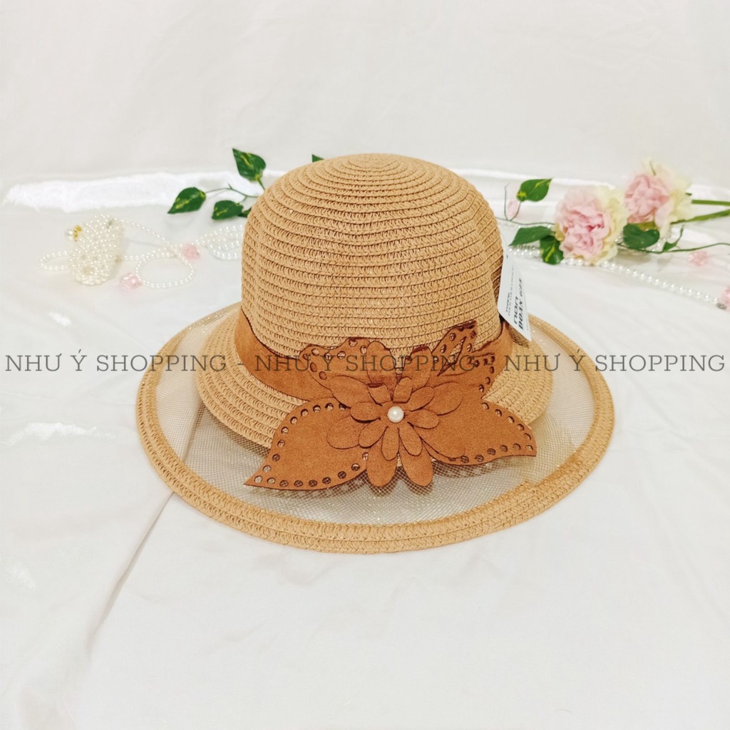 Nón cói,mũ cói nữ đi biển vành nhỏ phối lưới nơ hoa đính ngọc-q12 buom ngoc