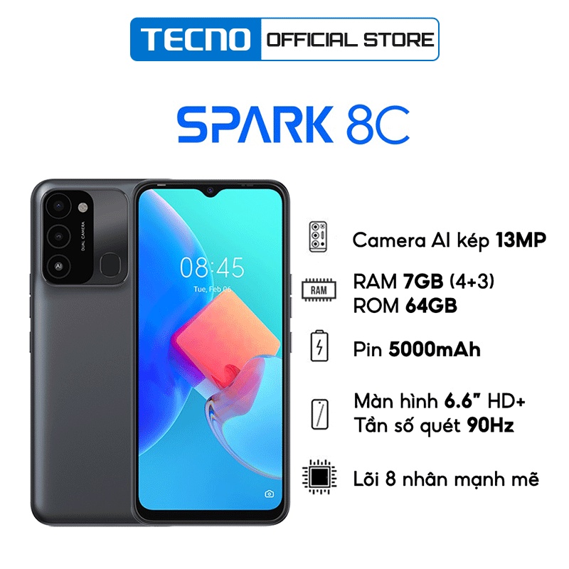 Điện thoại TECNO Spark 8C (4GB/64GB) - RAM tùy biến mở rộng tới 7GB | 5000 mAh| 6.6" HD+