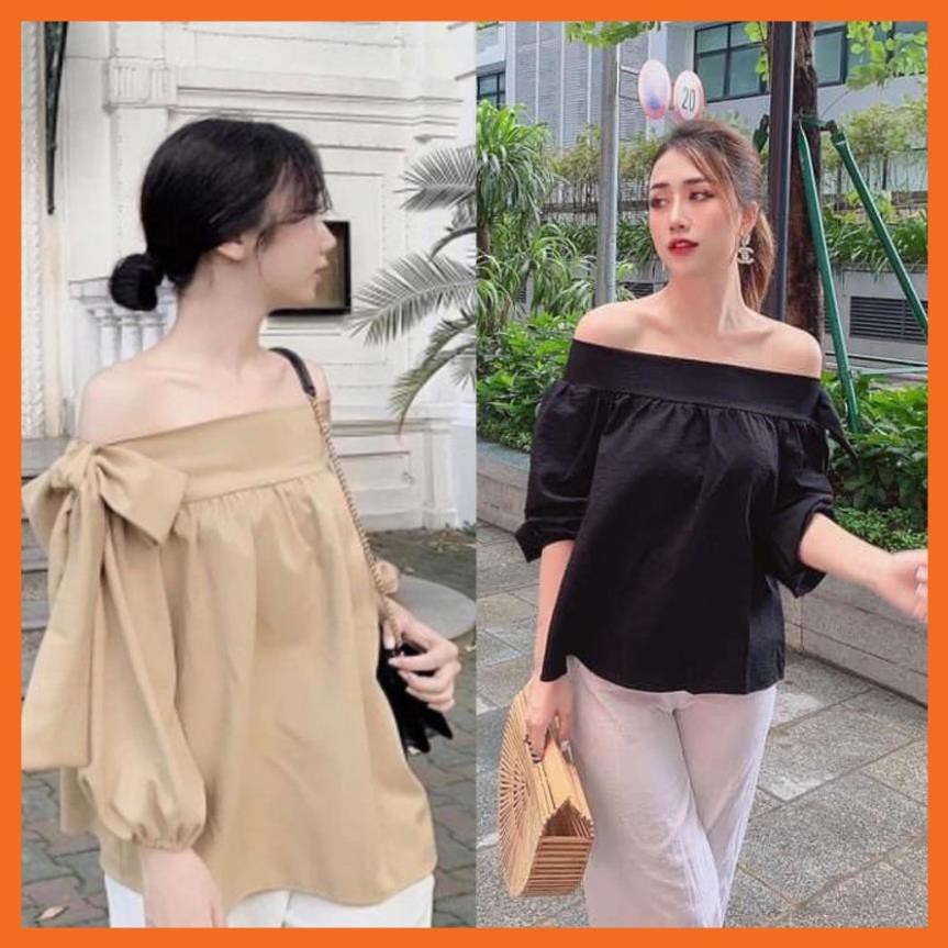 Áo trễ vai đũi Hàn tay nơ lệch vai, áo kiểu vai trễ buộc nơ lệch 1 bên phong cách Hàn Quốc - AK03 | BigBuy360 - bigbuy360.vn