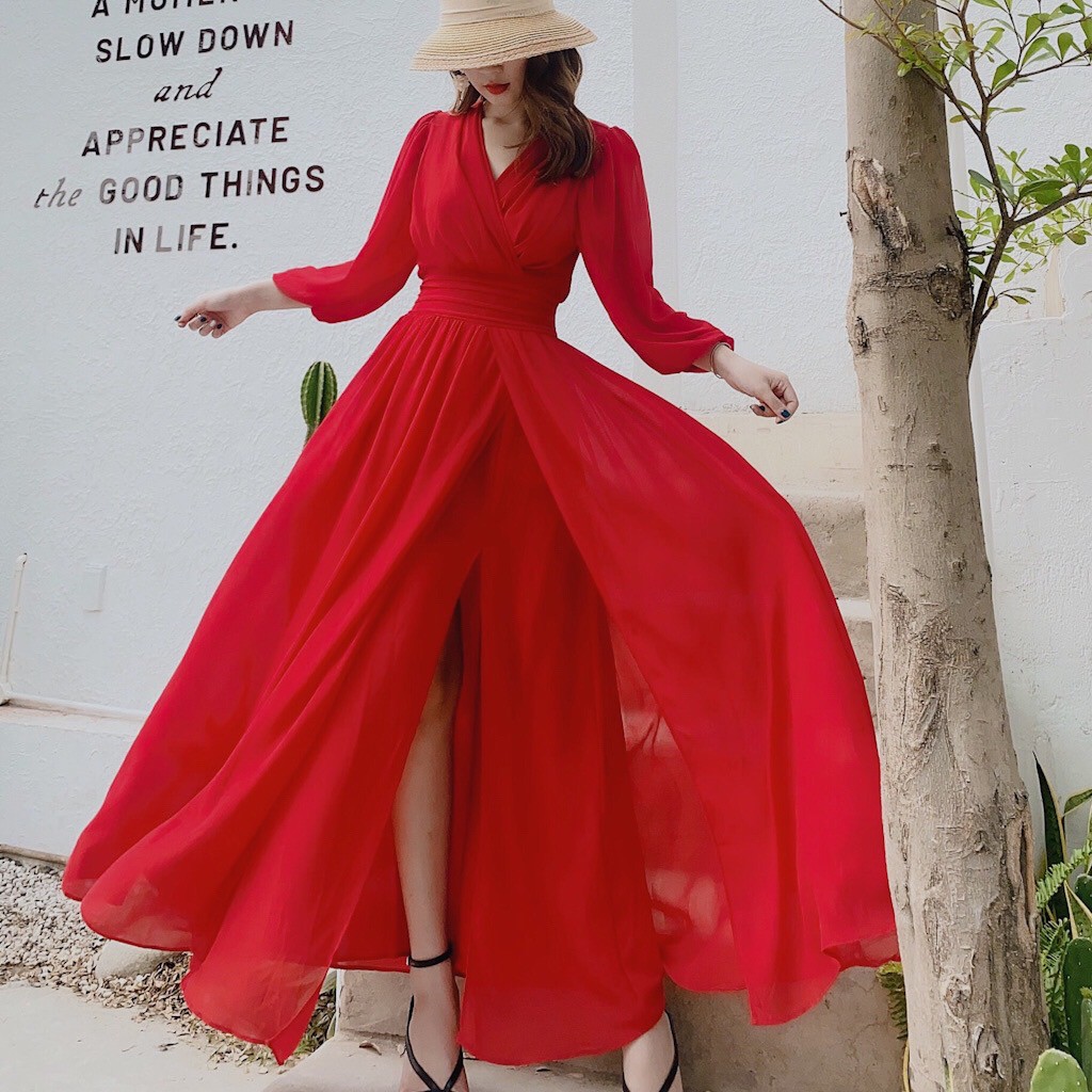 Đầm dự tiệc xẻ tà cổ V, đầm Maxi đi biển, chụp ảnh siêu sang chảnh, cực phẩm VINTAGE STORE | BigBuy360 - bigbuy360.vn