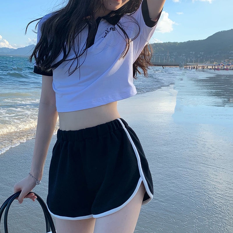 Set Áo polo Ngắn Tay Cổ Bẻ + Quần Short Lưng Cao Thời Trang Mùa Hè Cho Nữ