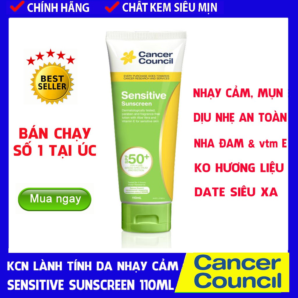 [CHÍNH HÃNG] Kem chống nắng cho da nhạy cảm Cancer Council Sensitive Sunscreen 110ml SPF50+/ PA +++