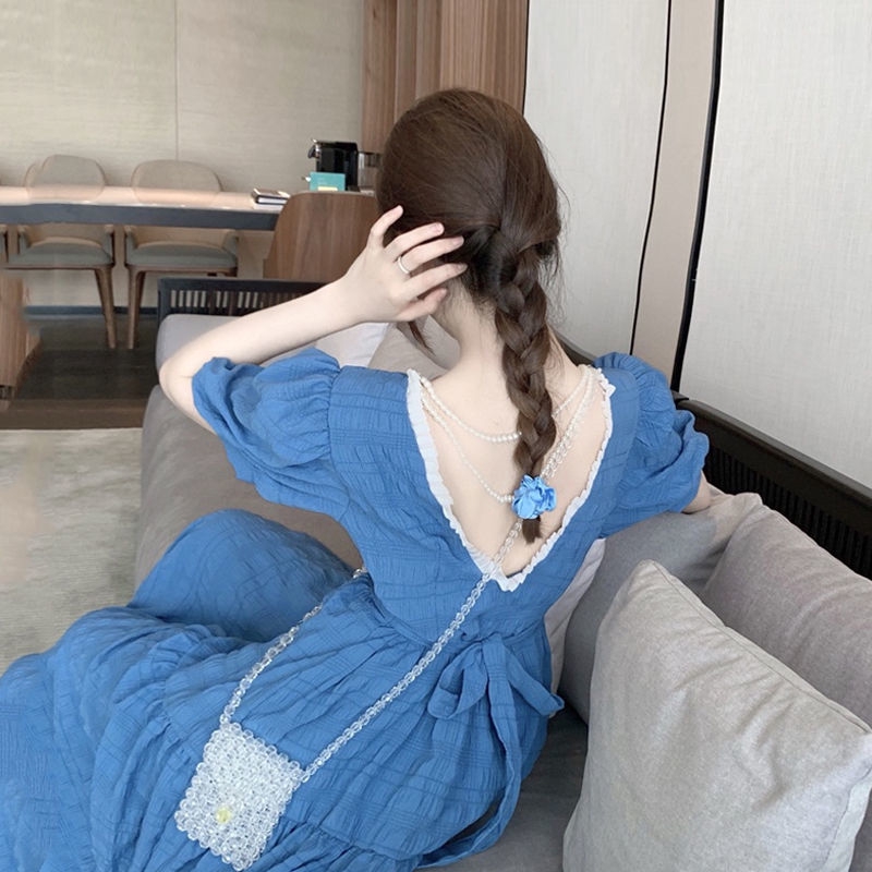 Đầm dài tay ngắn kiểu phồng thiết kế hở lưng thời trang hè cho nữ