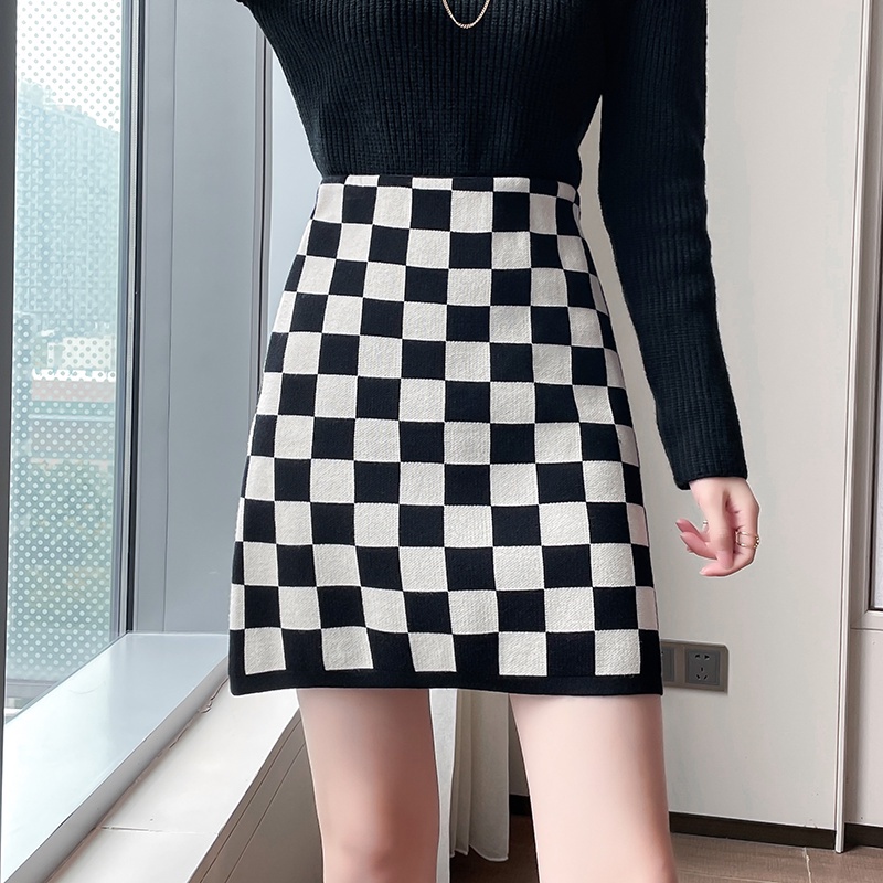 SUXI Chân Váy Dệt Kim Dáng Chữ A Họa Tiết Sọc Caro Phong Cách Retro