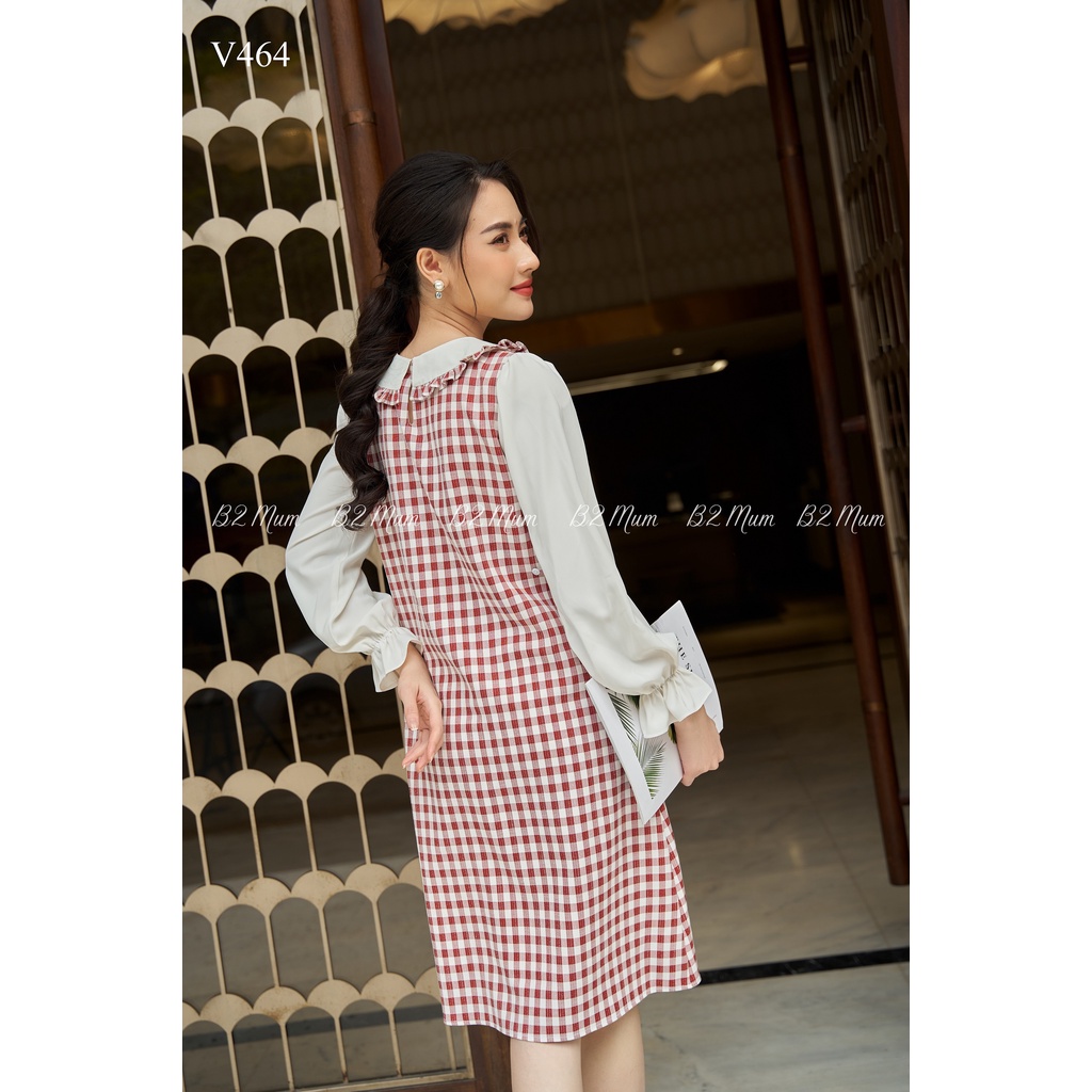 V464 Váy bầu dài tay kẻ Đầm thiết kế chất liệu vải linen mềm mại Đầm thiết kế cổ gập bèo siêu xinh, phối kẻ phối tay lụa