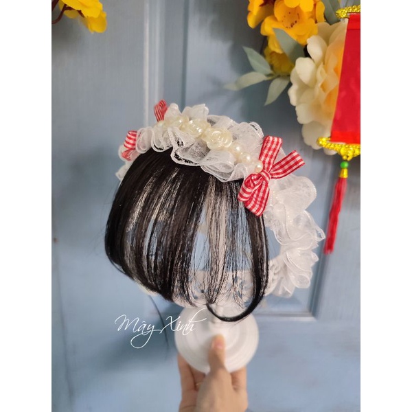 Băng đô ren tóc giả đính nơ caro đỏ xinh