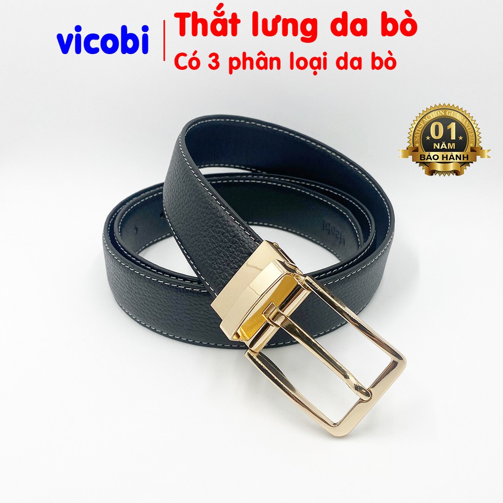Thắt lưng nam Da Bò Vicobi, dây lưng khóa kim, dây nịt khoá vàng vuông TLV2, sản xuất tại Việt Nam