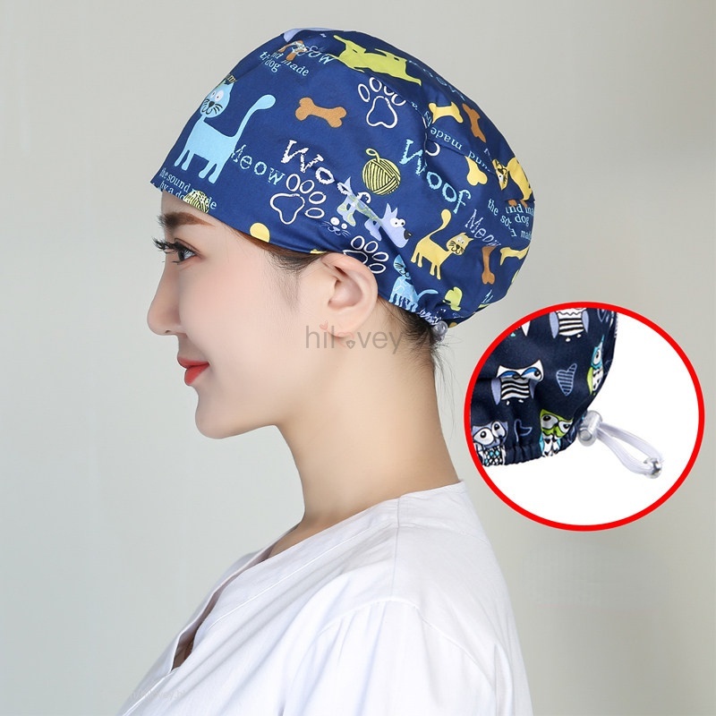 Tất cả có nút + khóa dây thun Mũ phẫu thuật y tá Bác sĩ Chà mũ All With Buttons + Elastic band buckle Hoa văn động vật dễ thương in hoa phòng mổ Thẩm mỹ viện làm việc mũ tròn