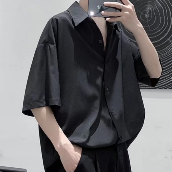 Áo sơ mi ngắn tay xẻ tà dáng rộng màu trơn phong cách Hàn Quốc mặc thường ngày retro cho nam