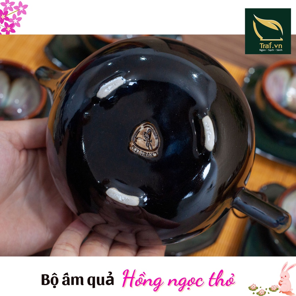 Bộ ấm chén uống trà , chất men hỏa biển Bát Tràng cao cấp, ấm quả hồng thỏ ngọc.