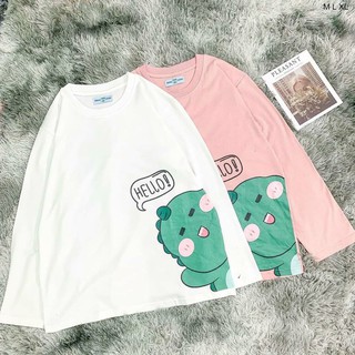 Áo thun Nữ Tay Dài Form Rộng In Hình Khủng Long Hello Xinh Xắn Đáng Yêu - Có Kèm Quà Tặng