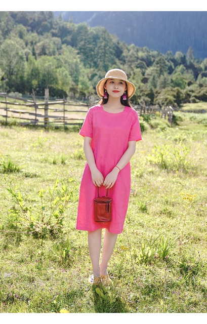 Váy linen  dáng suông nhún vai, tay ngắn đủ size S đến XL 44-63kg