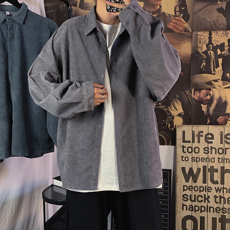 Áo Khoác Sơ Mi Nhung Kẻ Dài Tay Thời Trang Dành Cho Nam Giới