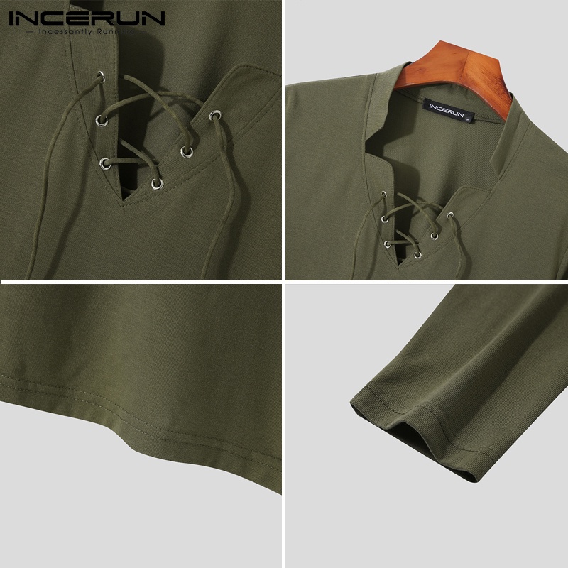 Áo thun Incerun dài tay cổ chữ V phối dây buộc 3 màu cá tính dành cho nam