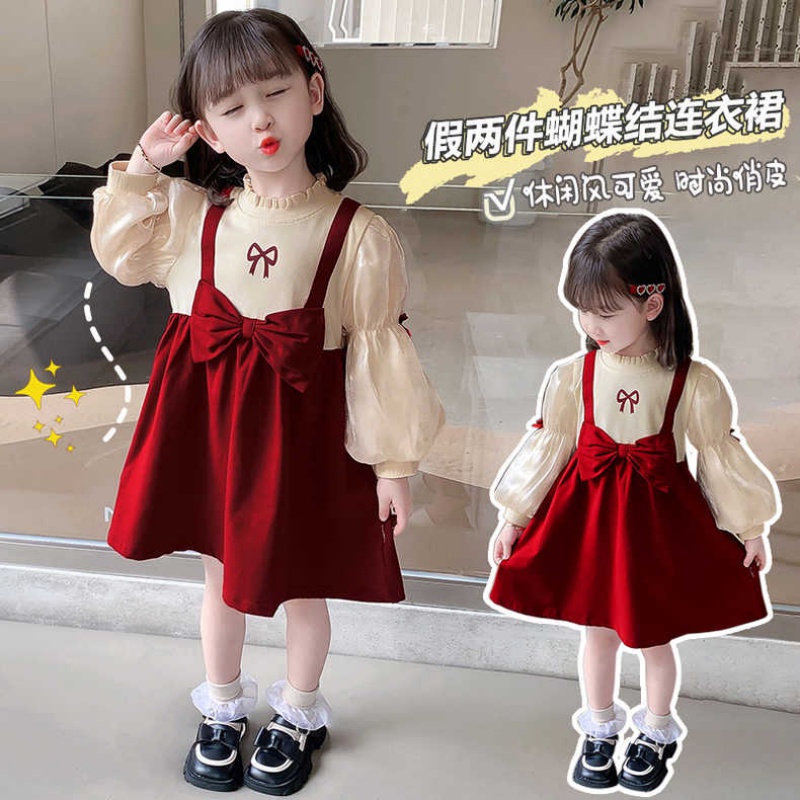 Đầm Công Chúa Giả Hai Lớp Phối Ren Thắt Nơ Xinh Xắn Cho Bé Gái